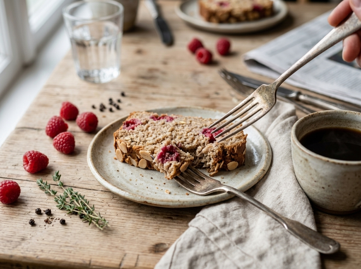 Slice of spelt raspberry almond loaf served on a plate with coffee and fresh raspberries at breakfast