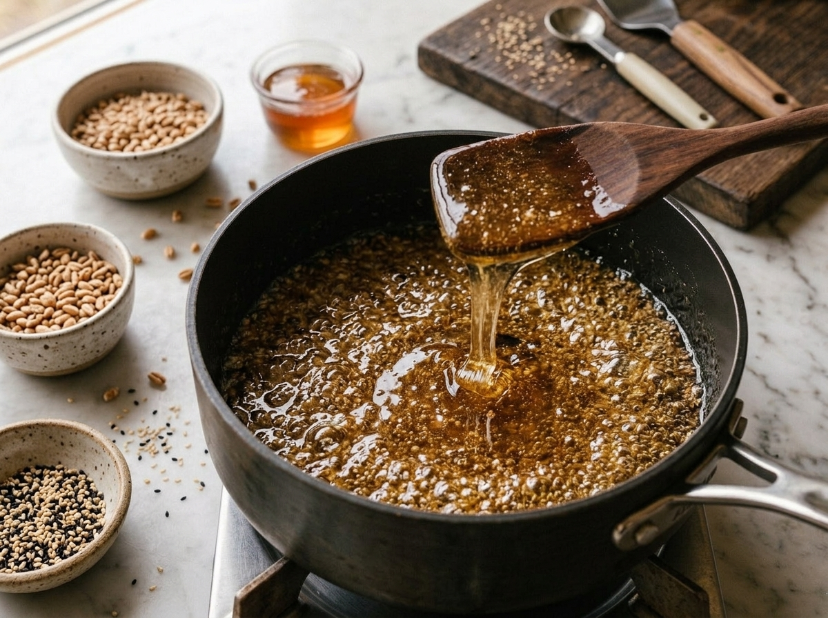 Honey and coconut oil syrup simmering in a saucepan, stirred with a wooden spoon before mixing with spelt puffs