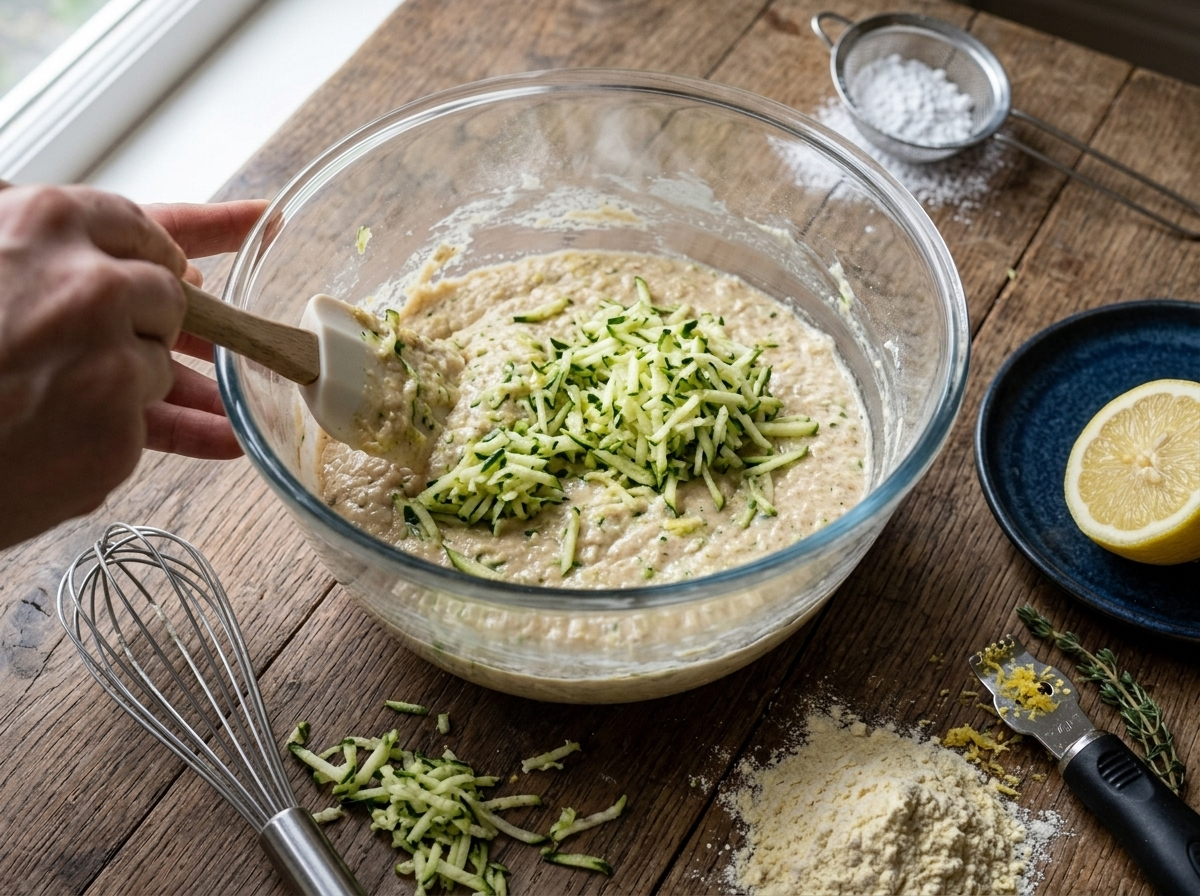 Hands folding grated courgette into spelt lemon loaf batter in a glass mixing bowl on a wooden counter