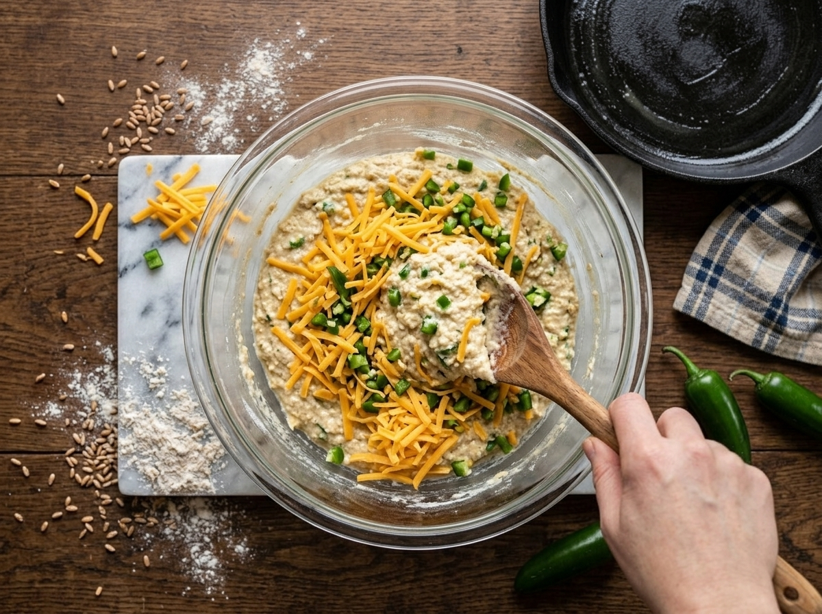 Hands folding shredded cheddar and diced jalapeños into spelt cornbread batter in a glass mixing bowl