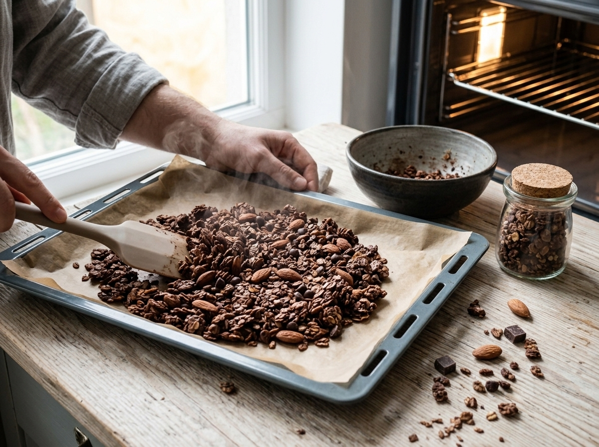 Cocoa-coated spelt flakes and almonds being pressed into an even layer on a parchment-lined baking sheet before baking