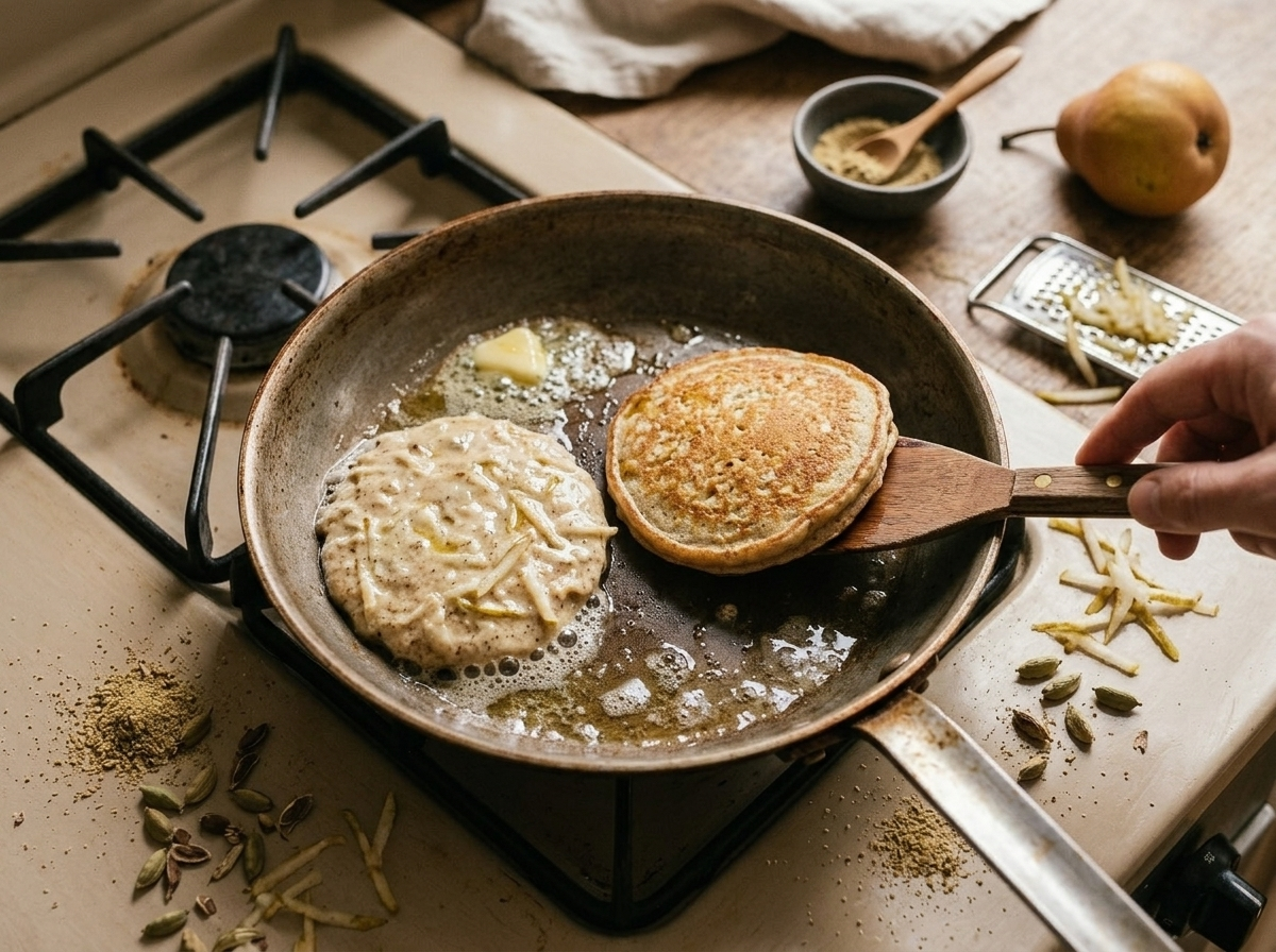 Spelt pear cardamom pancakes cooking in a nonstick skillet with bubbles forming on the surface before flipping