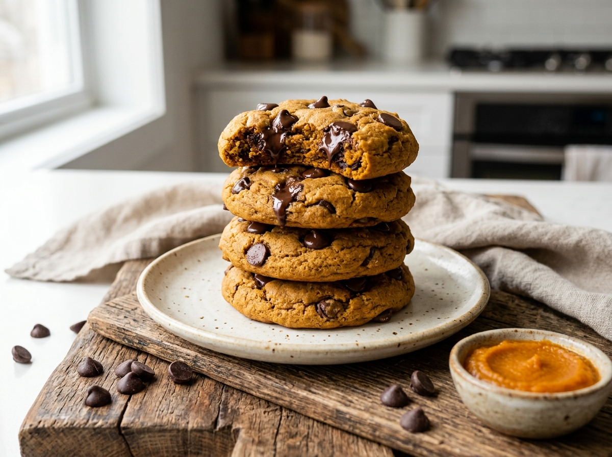 Stack of spelt pumpkin chocolate chip cookies on a wooden board with melted chocolate chips and pumpkin puree nearby