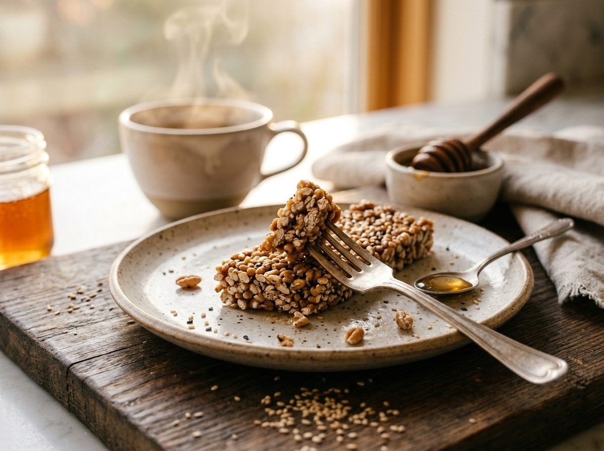 Spelt sesame honey crackle bar on a small plate beside a cup of tea in warm window light