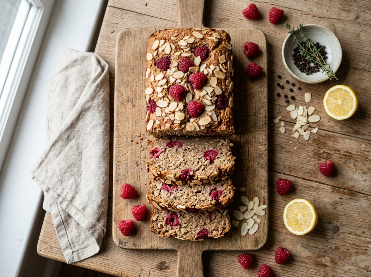 Sliced spelt raspberry almond breakfast loaf on a wooden board with fresh raspberries and toasted almond topping