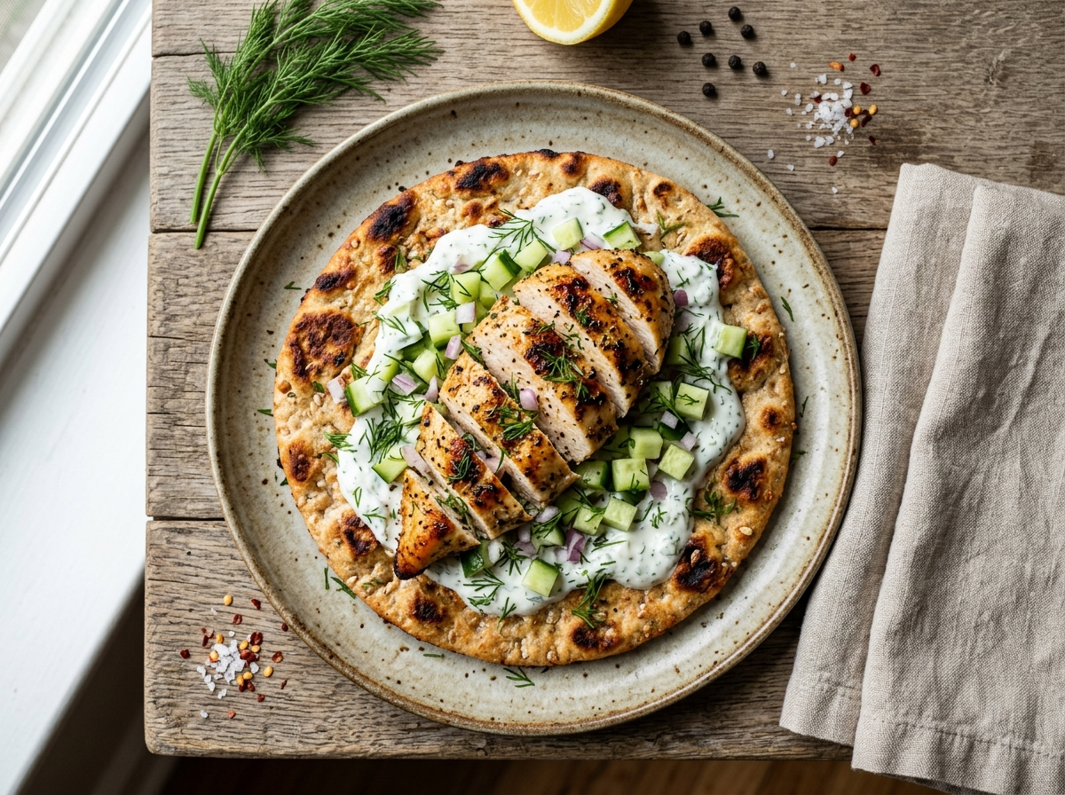 Golden spelt flatbreads topped with sliced lemon garlic chicken, cucumber, and yogurt sauce on a wooden board