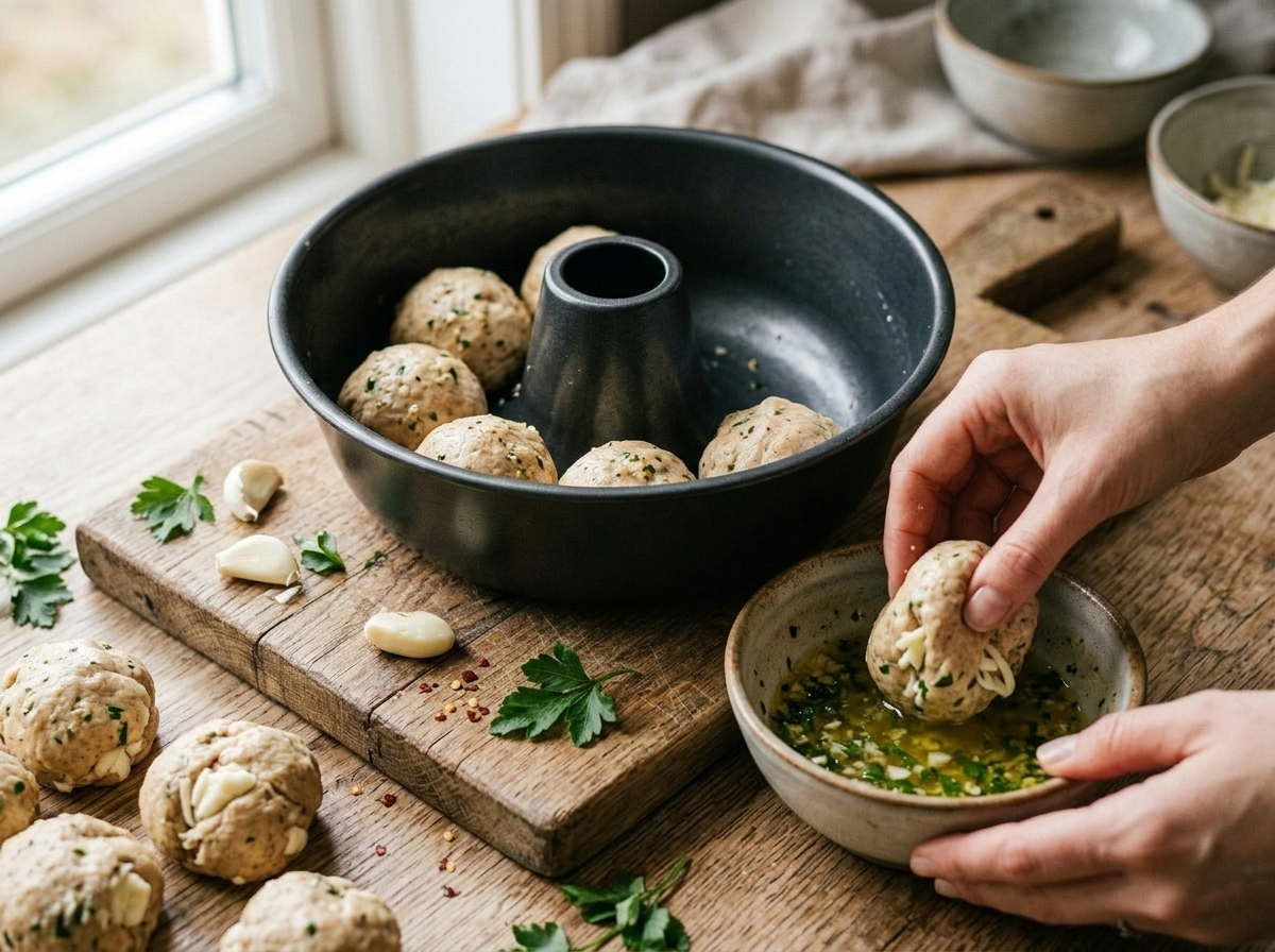 Hand rolling a mozzarella-stuffed spelt dough ball through melted garlic butter before baking in a bundt pan