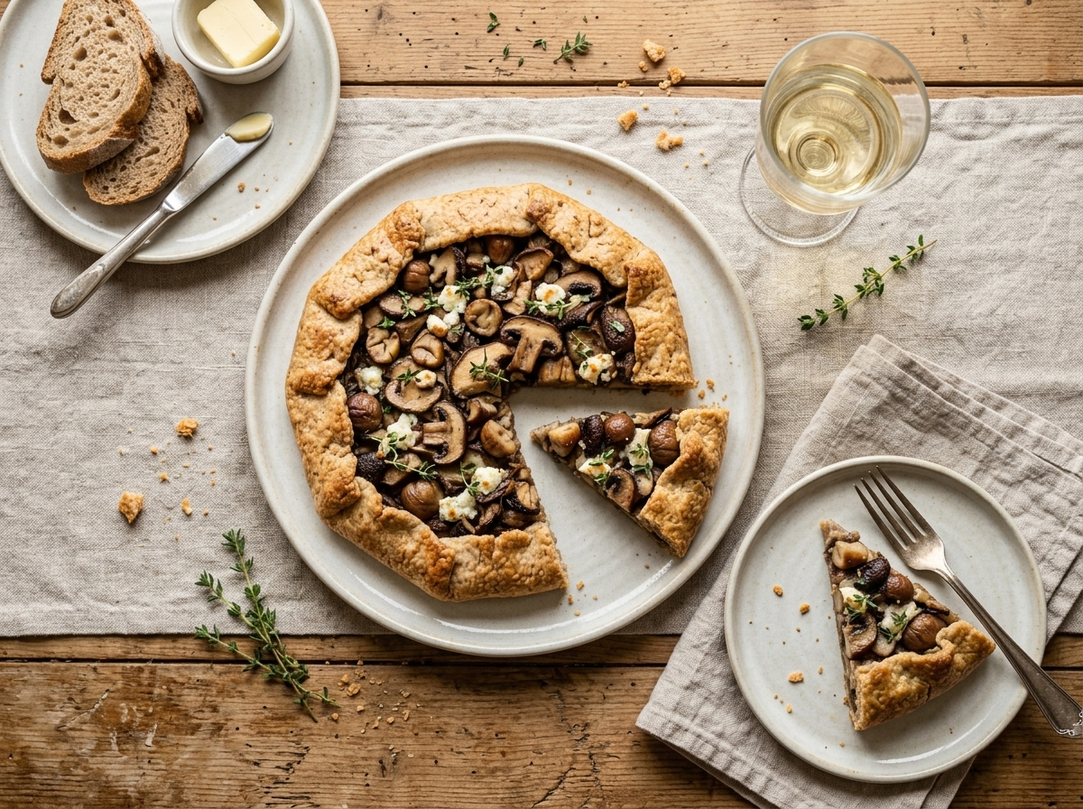 Plated wedge of spelt mushroom and chestnut galette served with a glass of white wine on a wooden table