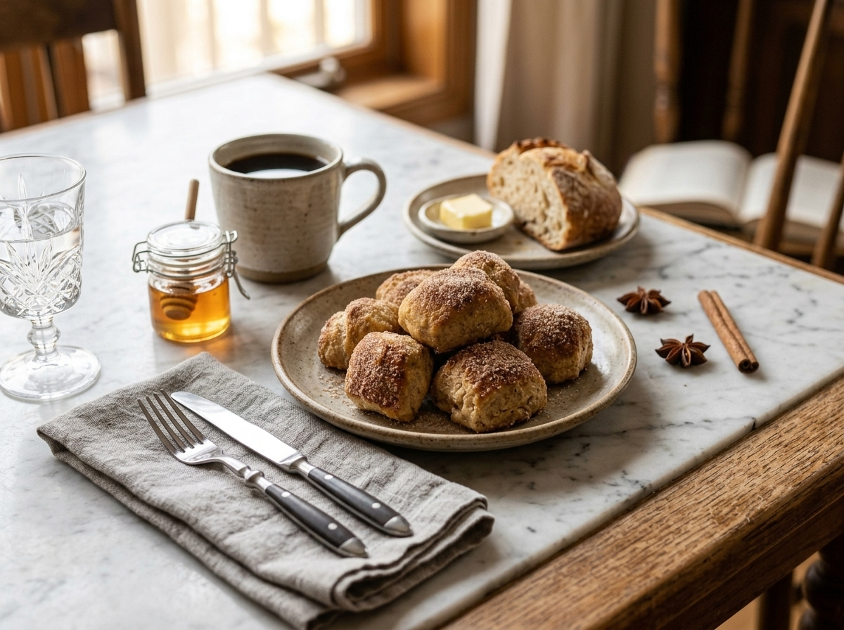 Plate of cinnamon sugar spelt pretzel bites served with coffee and honey on a marble table in morning light