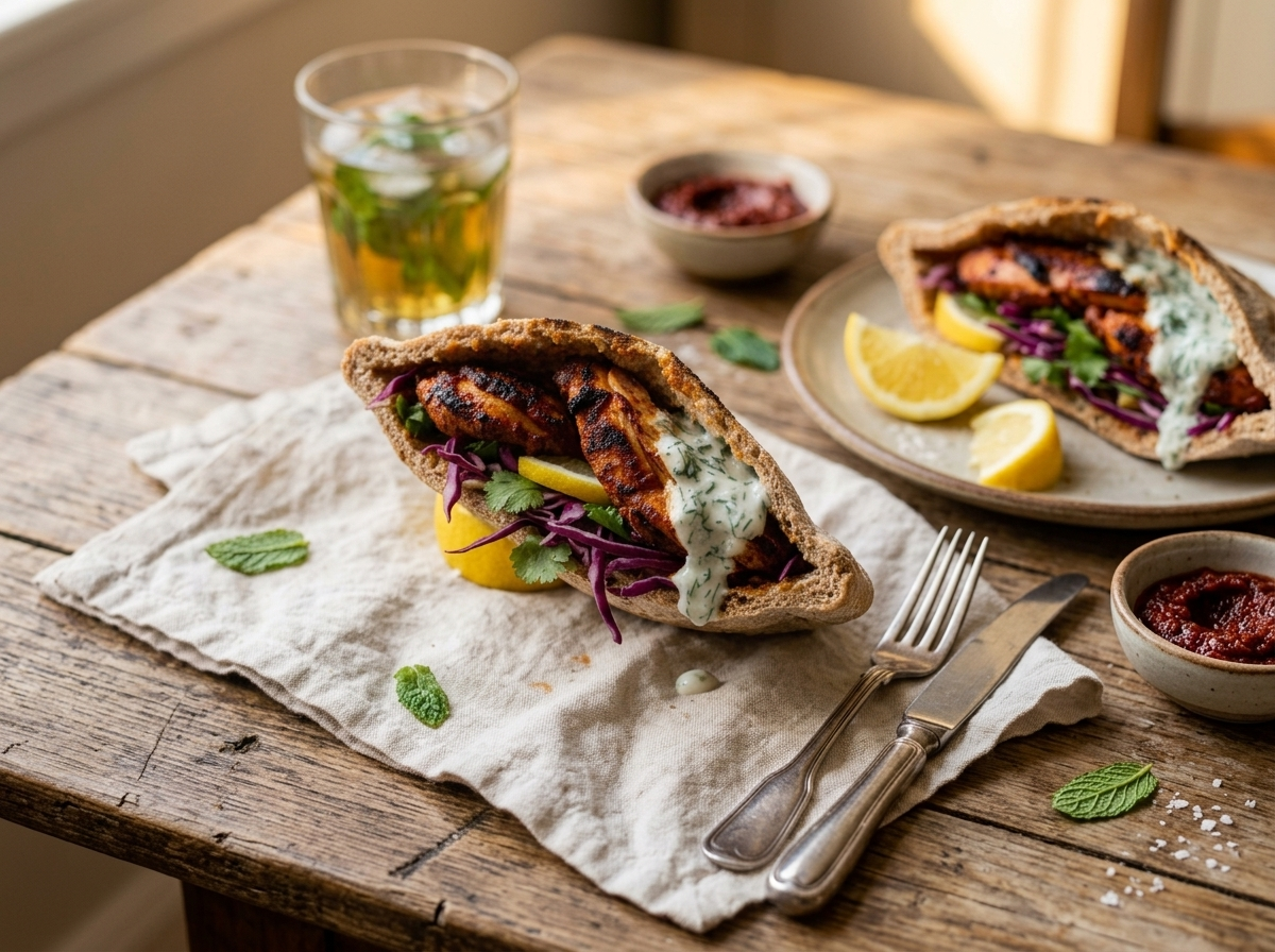Hand holding a spelt harissa chicken pitta pocket over a linen napkin with iced mint tea in the background
