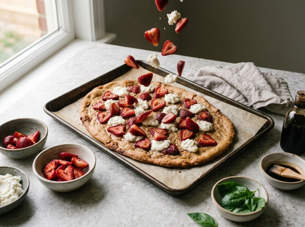 Hands scattering sliced strawberries and goat cheese over a prebaked spelt flatbread crust on a sheet pan