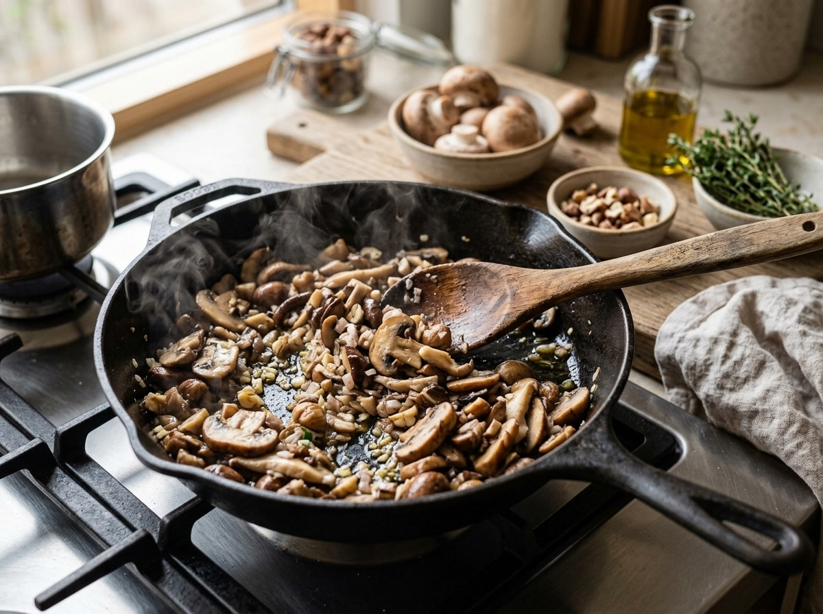 Sliced mushrooms and chopped chestnuts sautéing with shallots in a cast iron skillet, steam rising