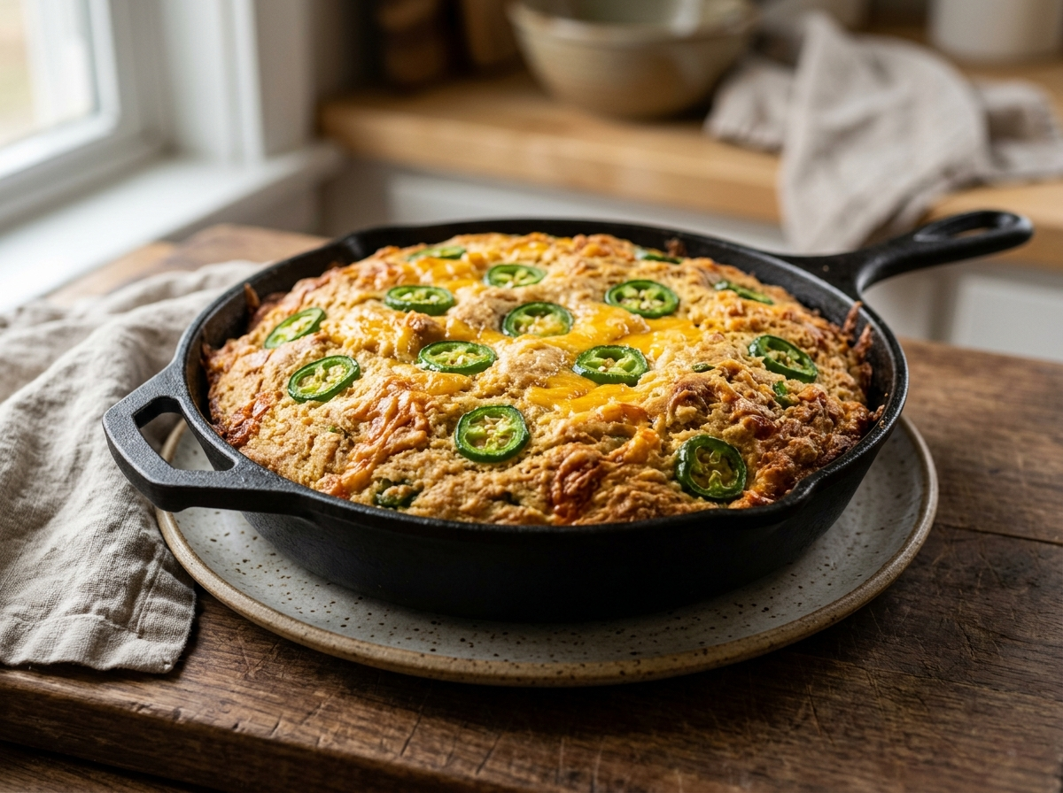 Golden Spelt Cheddar Jalapeño Cornbread baked in a cast iron skillet with melted cheddar and sliced jalapeños on top