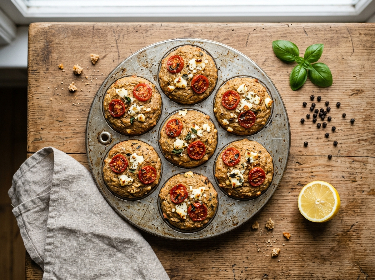 Golden spelt savoury tomato breakfast muffins in a tin, topped with feta crumbles and cherry tomato halves on a wooden table