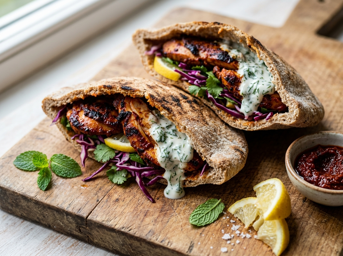 Two spelt pitta pockets filled with sliced harissa chicken, red cabbage slaw, and yogurt sauce on a wooden board