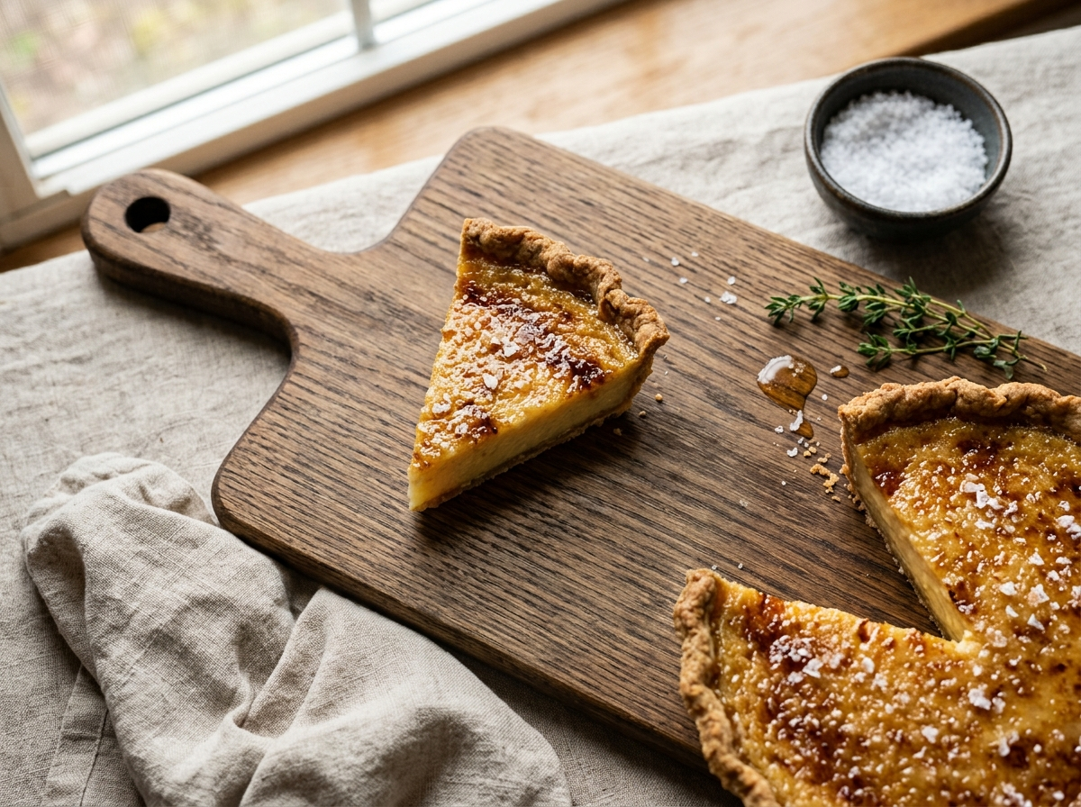 Sliced spelt salted honey pie on a wooden board with golden set filling and flaky sea salt on top
