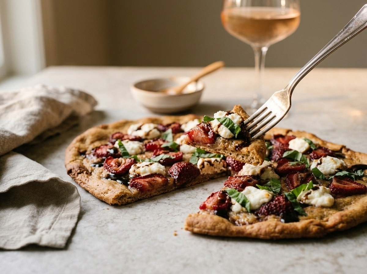 Sliced strawberry balsamic spelt flatbread served on a marble table with a glass of rosé wine