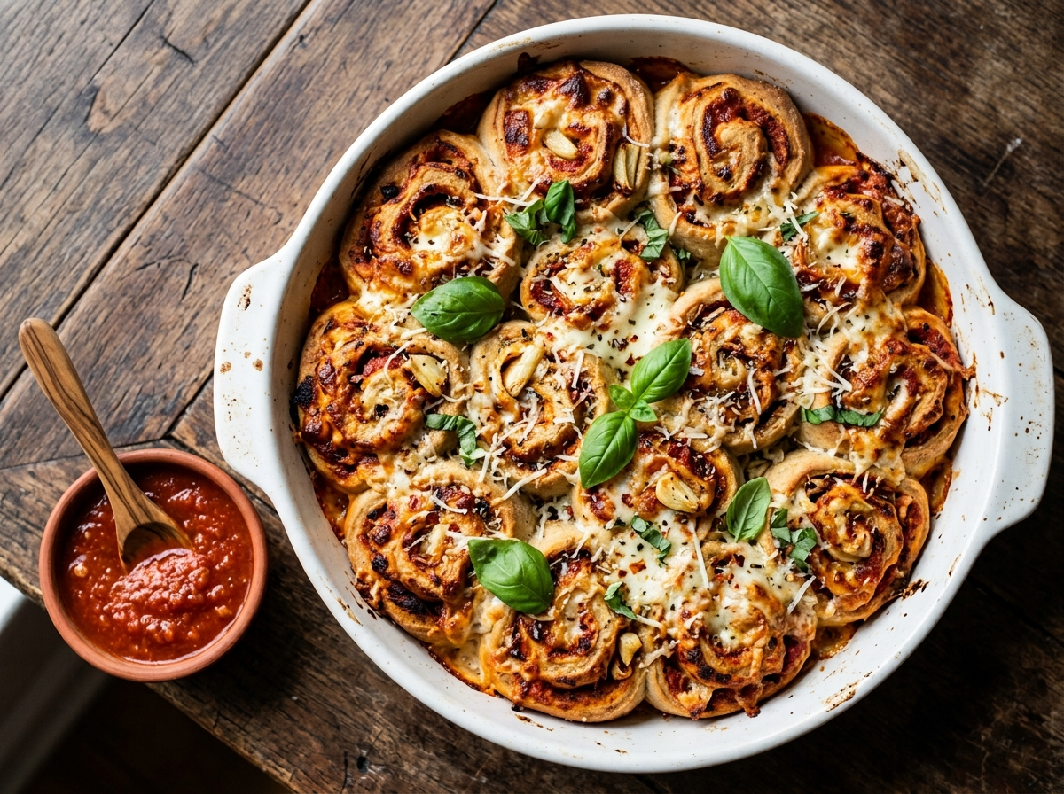 Golden baked spelt roasted garlic pizza rolls in a baking dish with melted mozzarella and a side of marinara sauce