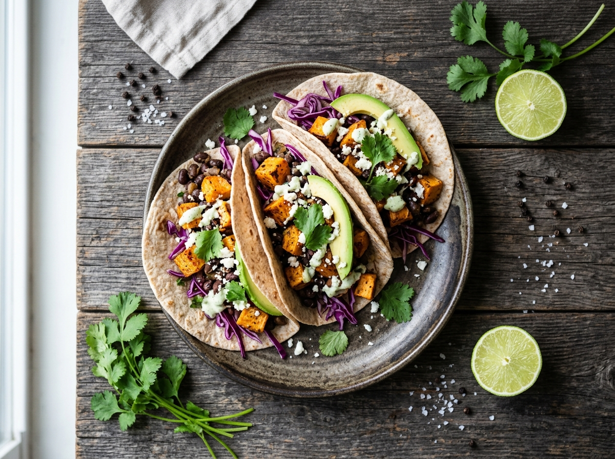 Spelt tortillas topped with roasted sweet potato, black beans, avocado slices and shredded cabbage on a wooden board