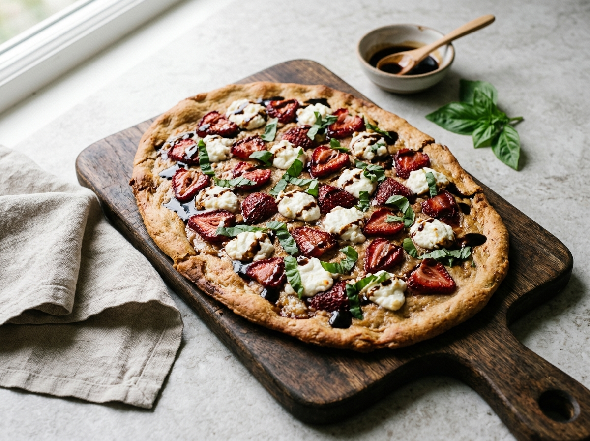 Spelt balsamic strawberry flatbread topped with goat cheese, basil, and balsamic drizzle on a wooden board