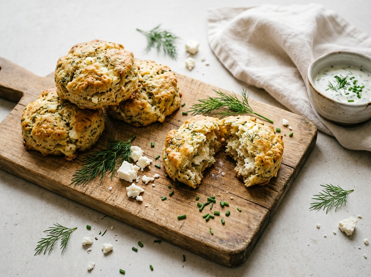 Stack of golden spelt herb and feta breakfast biscuits on a wooden board with fresh dill and crumbled feta scattered nearby