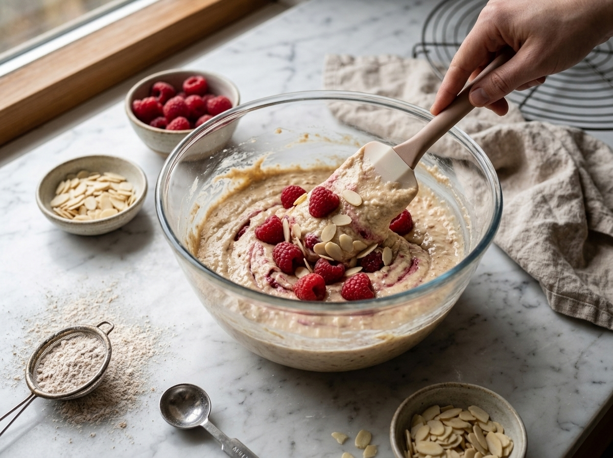 Folding fresh raspberries into spelt almond batter in a glass mixing bowl before pouring into the loaf pan