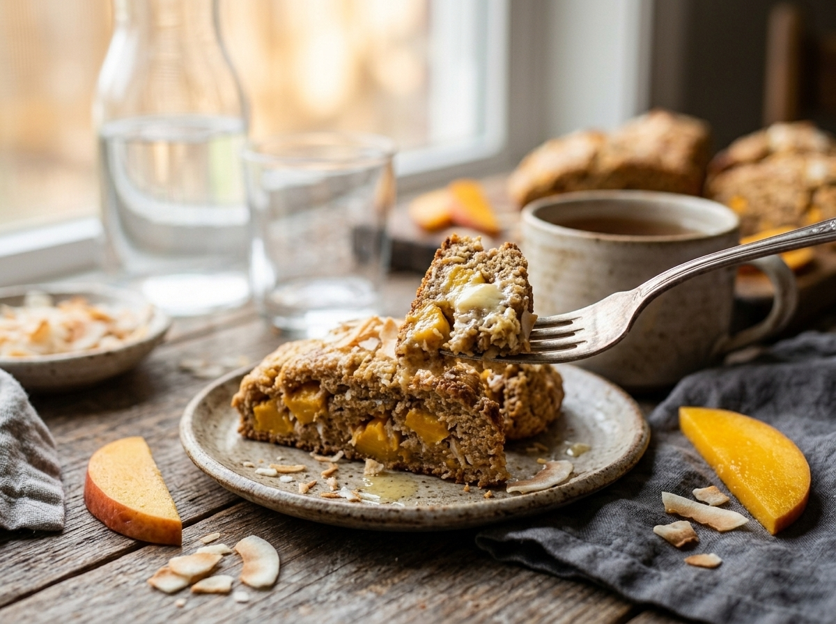 Split open coconut mango spelt scone with melting butter served beside tea on a linen-lined table
