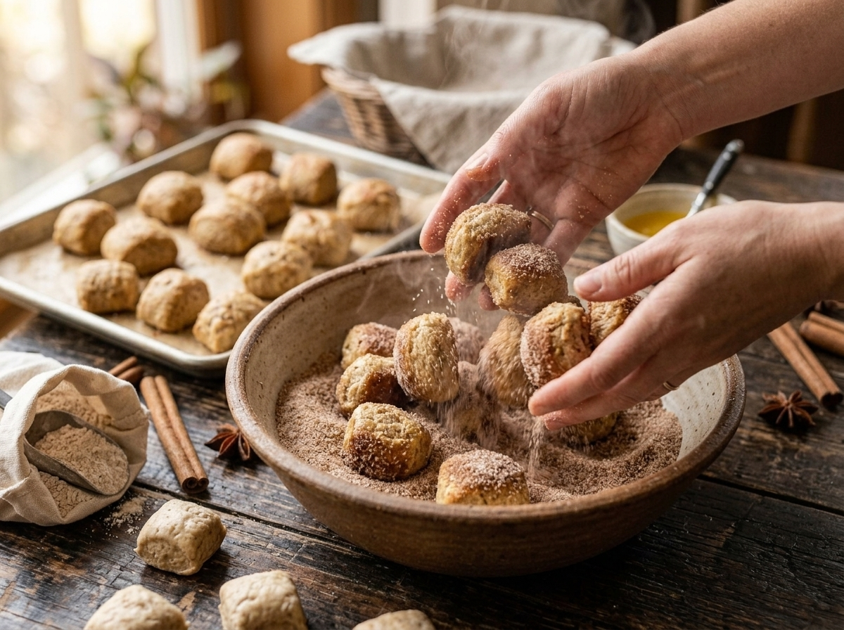 Hands tossing warm baked spelt pretzel bites in a bowl of cinnamon sugar with a baking sheet in the background