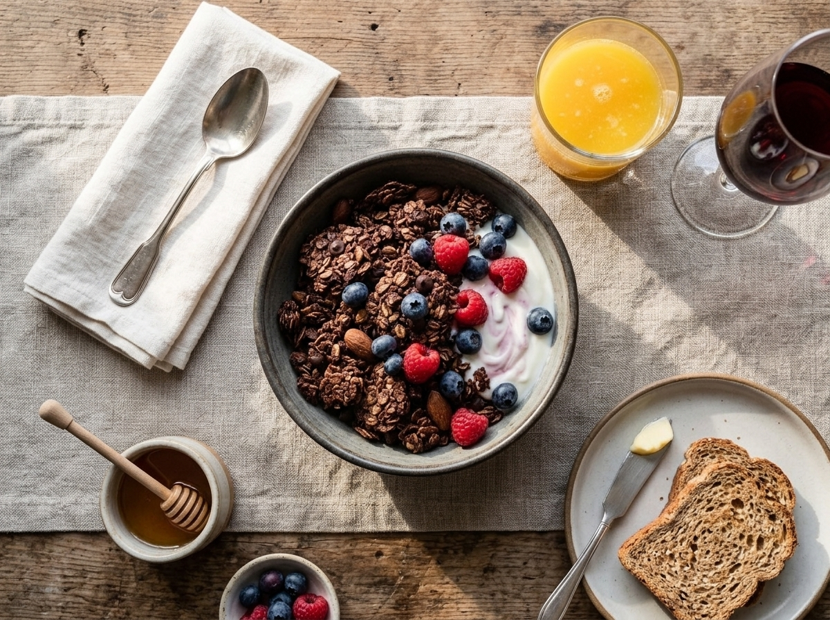 Yogurt bowl topped with spelt chocolate almond granola and fresh berries set on a linen napkin in morning light