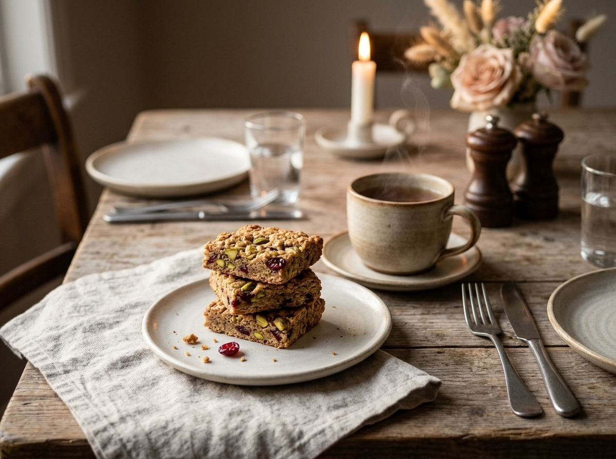 Stacked spelt pistachio cranberry biscuit bars served on a plate beside a cup of tea on a linen napkin