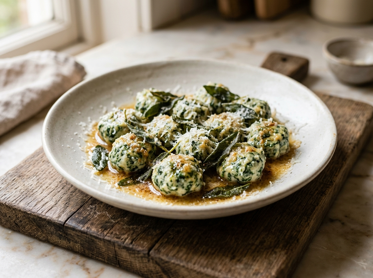 Spelt spinach and ricotta gnudi plated in golden sage butter with crisp sage leaves and grated parmesan on top