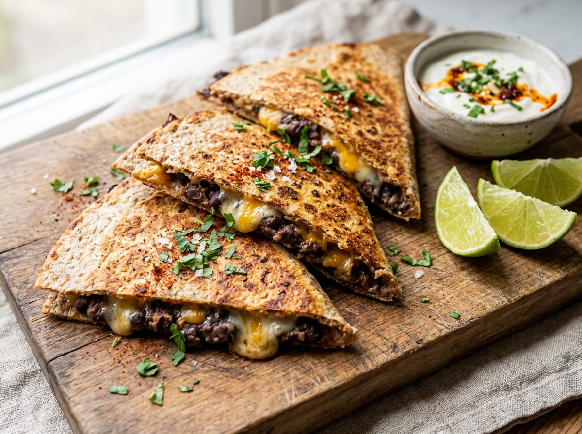 Golden spelt smoky bean and cheese quesadilla wedges on a wooden board with lime wedges and sour cream