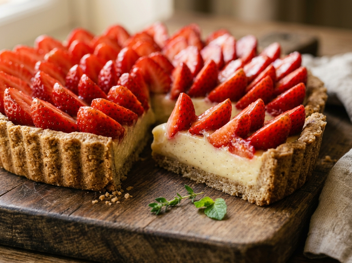 Sliced spelt strawberry custard tart with glossy strawberry halves and a visible creamy custard layer on a wooden board