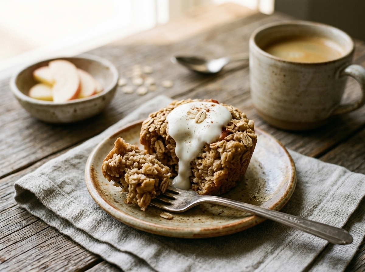 Spelt baked apple oat cup topped with yogurt on a linen napkin next to a mug of coffee