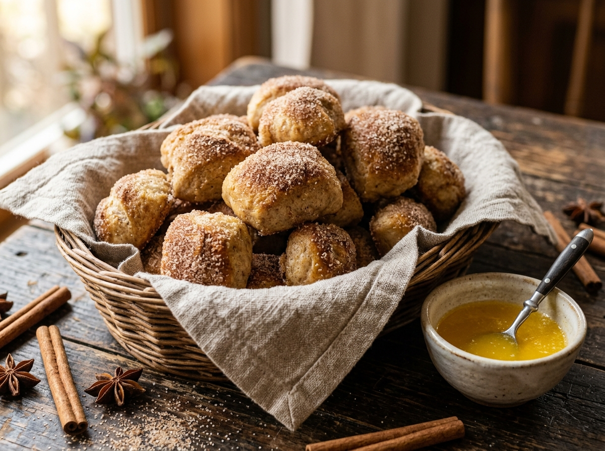 Golden spelt cinnamon sugar pretzel bites piled in a basket with melted butter and cinnamon sticks on a wooden table