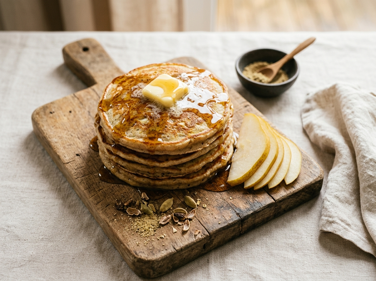 Stack of golden spelt pear cardamom pancakes topped with melting butter, maple syrup, and thin pear slices on a wooden board