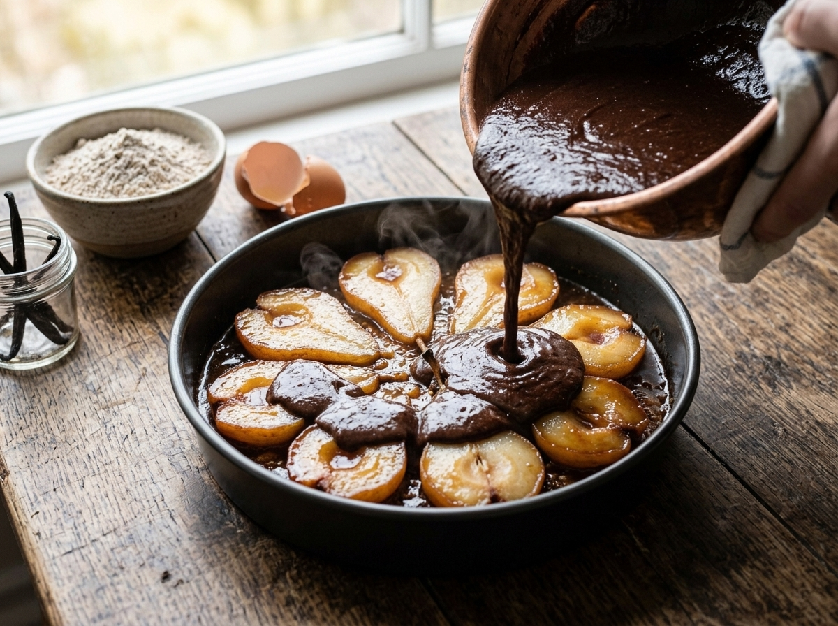 Cocoa spelt batter being poured over pear halves arranged in caramel inside a round cake pan