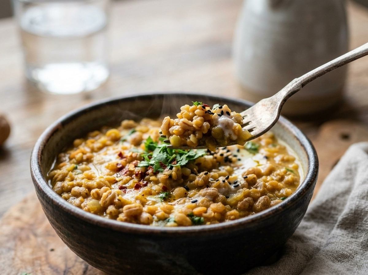 Creamy Coconut Lentil Stew with Chewy Spelt Berries serving shot