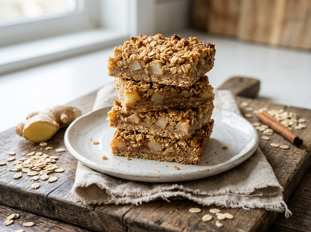 Golden spelt ginger pear crumble bars stacked on a wooden board with oats and fresh ginger scattered nearby