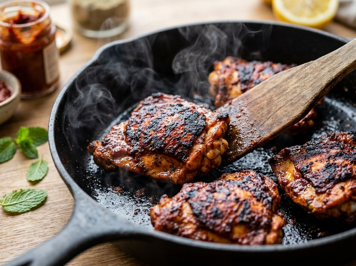 Harissa-marinated chicken thighs searing in a skillet with charred edges, being turned with a wooden spatula