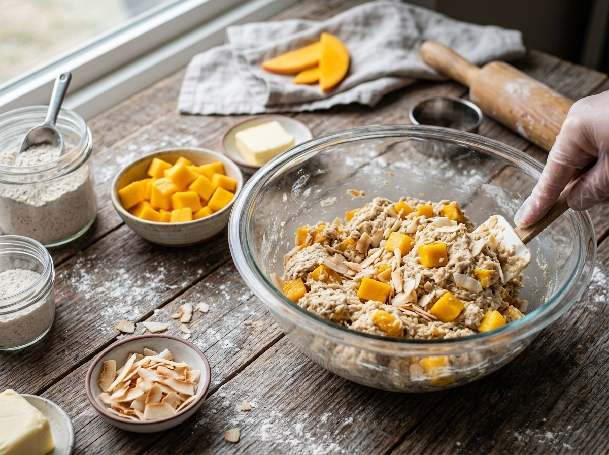 Hands folding fresh diced mango into spelt scone dough with shredded coconut in a glass mixing bowl