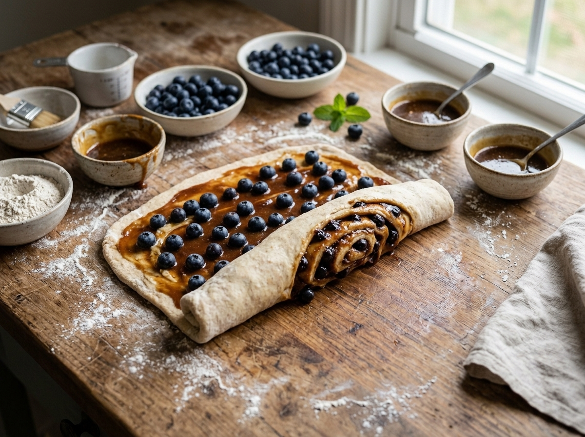 Hands rolling spelt dough spread with maple butter and blueberries into a log on a floured wooden board