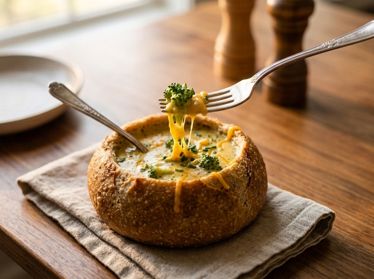 Spelt broccoli cheddar soup bowl on a linen napkin with a spoon inside, set beside a glass of white wine