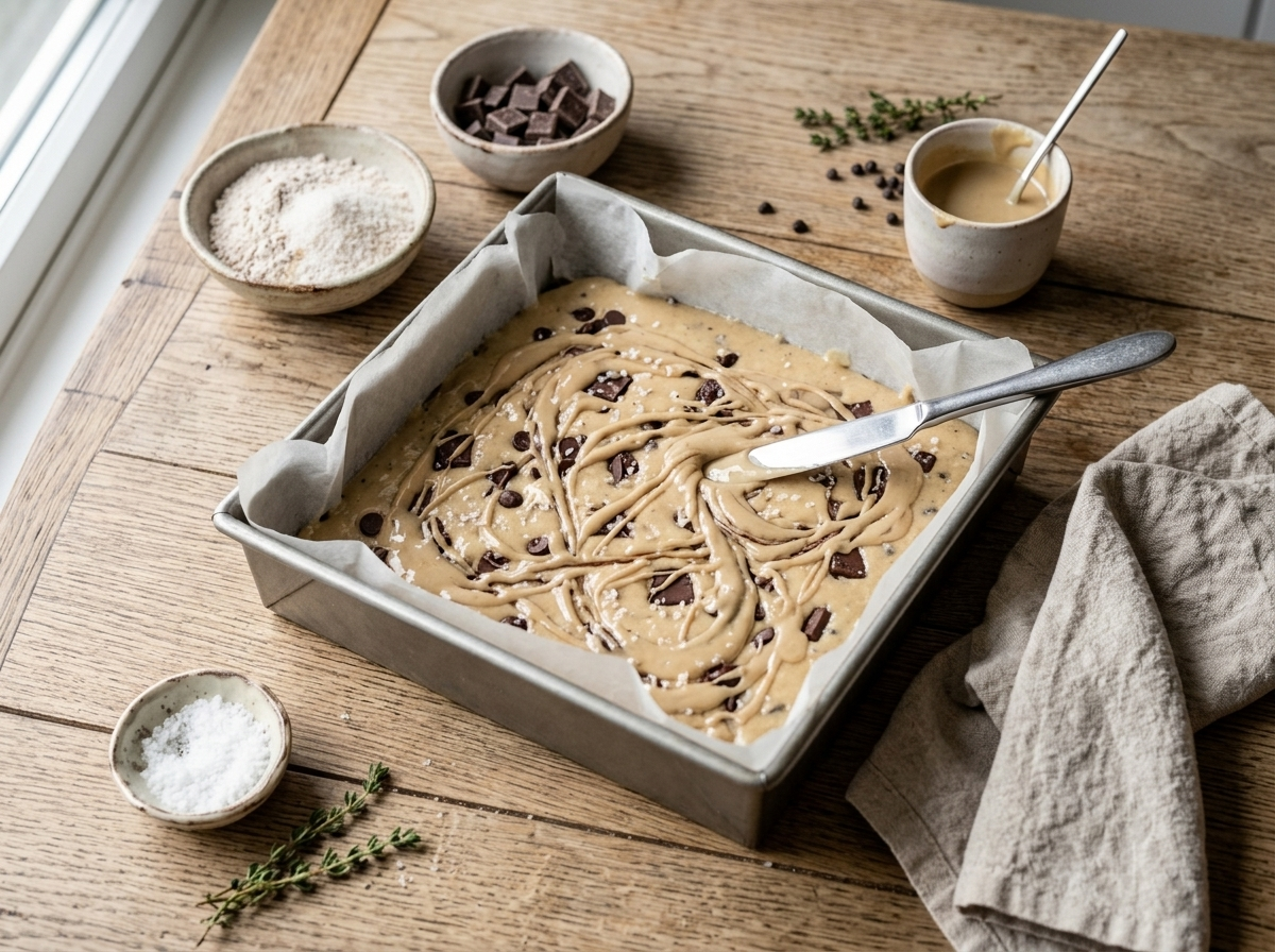 Tahini being swirled over chocolate chip blondie batter in a parchment-lined pan before baking