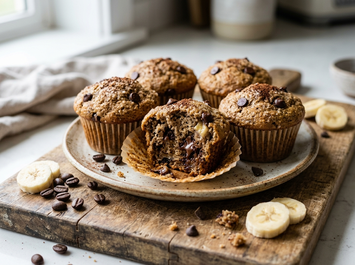 Split spelt banana espresso muffin on a wooden board showing moist crumb, melted chocolate chips, and scattered coffee beans