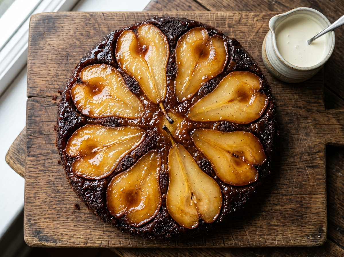Whole spelt chocolate pear upside-down cake on a wooden board with glossy caramelized pears on top
