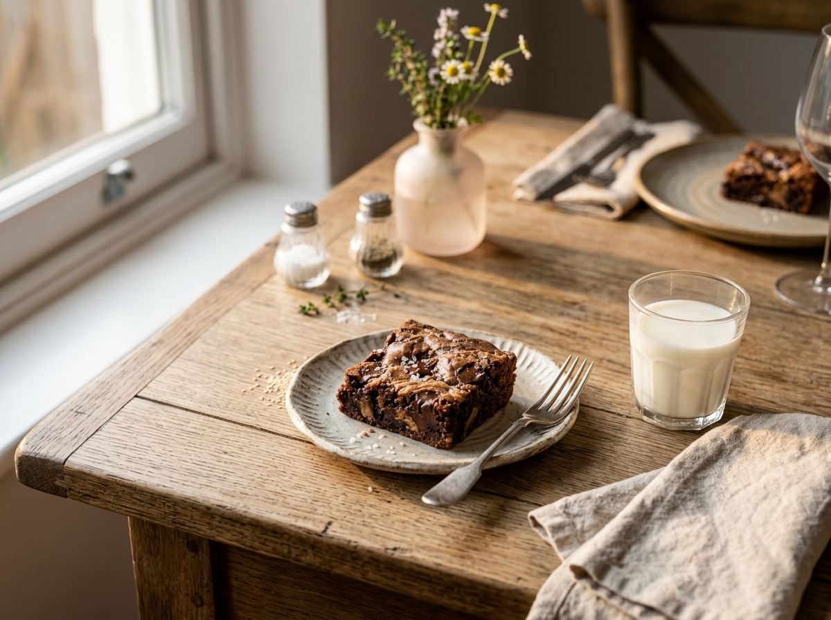 Single spelt tahini blondie square served on a small plate with a glass of milk on a wooden table