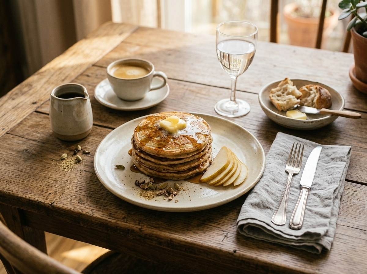 Plate of spelt pear cardamom pancakes served with maple syrup and coffee on a breakfast table with a linen napkin