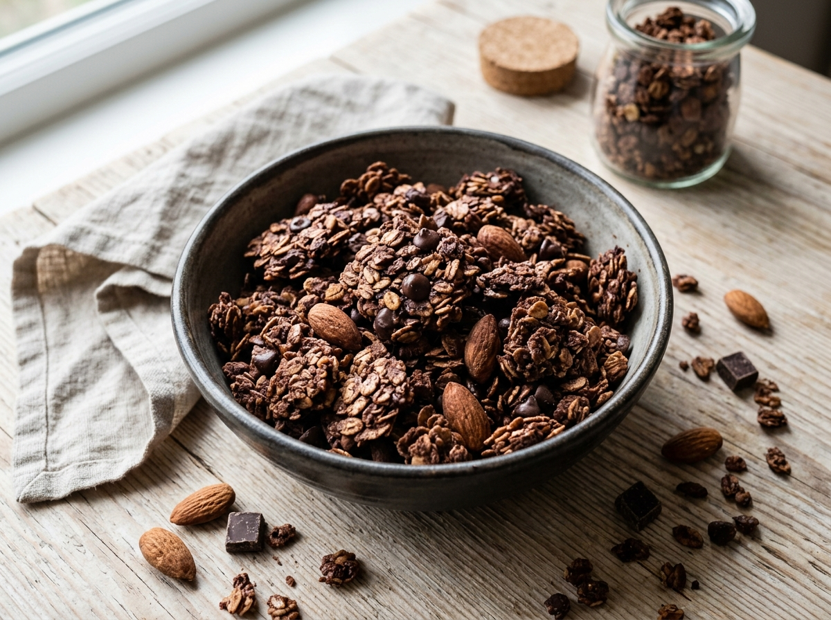 Bowl of spelt chocolate almond breakfast granola clusters with almonds and dark chocolate chips on a wooden table