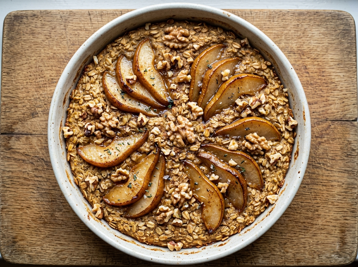 Baked spelt porridge with caramelised pear slices and chopped walnuts in a ceramic dish on a wooden board